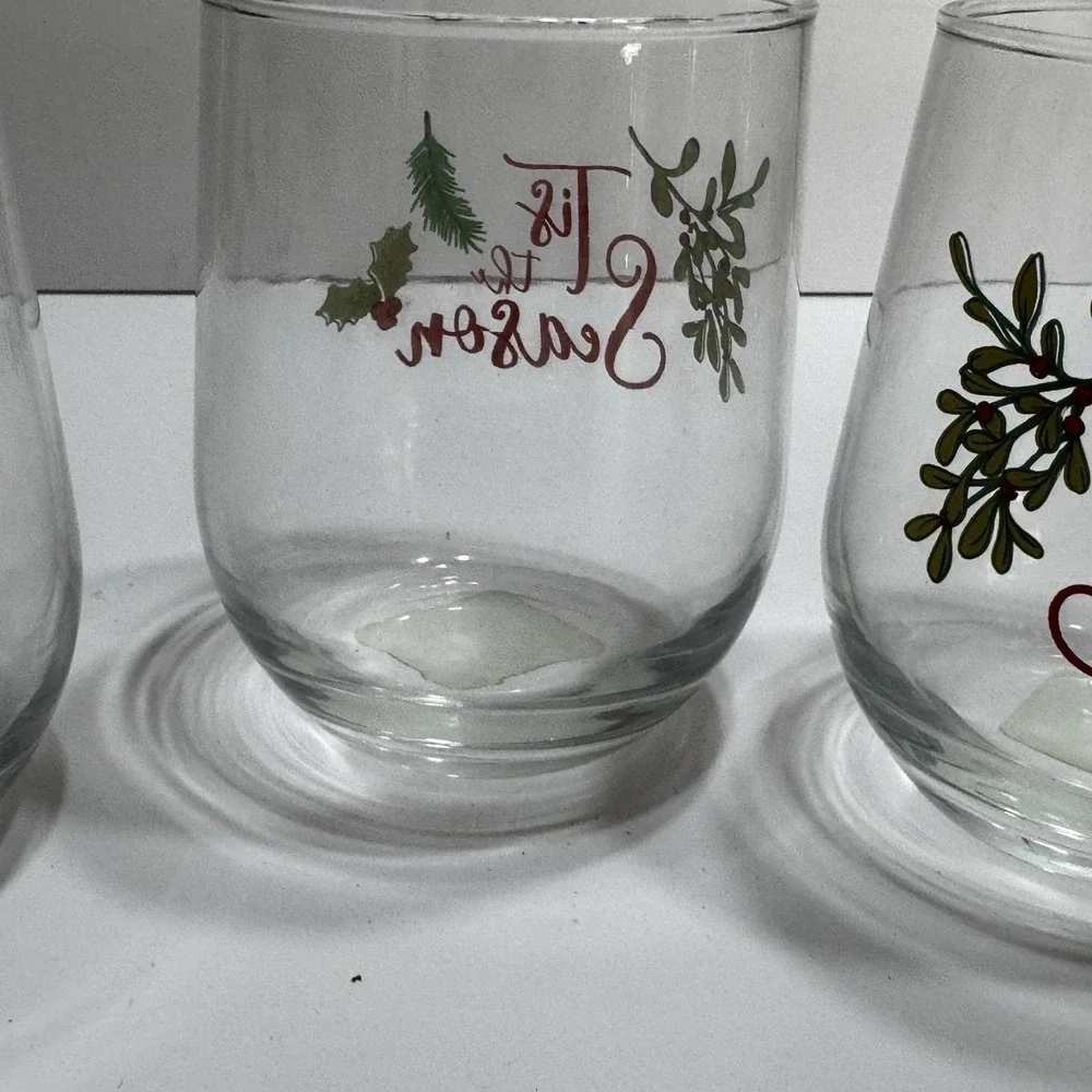 Set 3 Christmas Wine Glass Stemless Hand Painted Holly Berry This The Season New